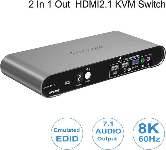 2 Computers 1 HDMI Monitor Automatic KVM Switch 8K@60Hz, Hotkey Switching, EDID, Support 5.1/7.1 Audio and Microphone, Aluminum Shell with Digital Display, USB 3.0 Hub, HDR10 with Cables