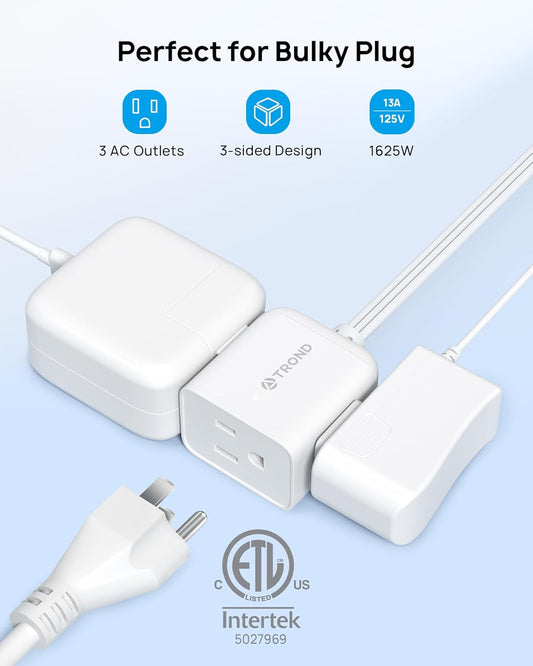 TROND Flat Extension Cord 6ft with 360° Rotating Plug, Low Profile Small Power Strip, 3 Prong Grounded Outlets Cube, 13A, SPT 16/3 Gauge Cable, for Indoor Home Office Cruise Travel Essentials, White
