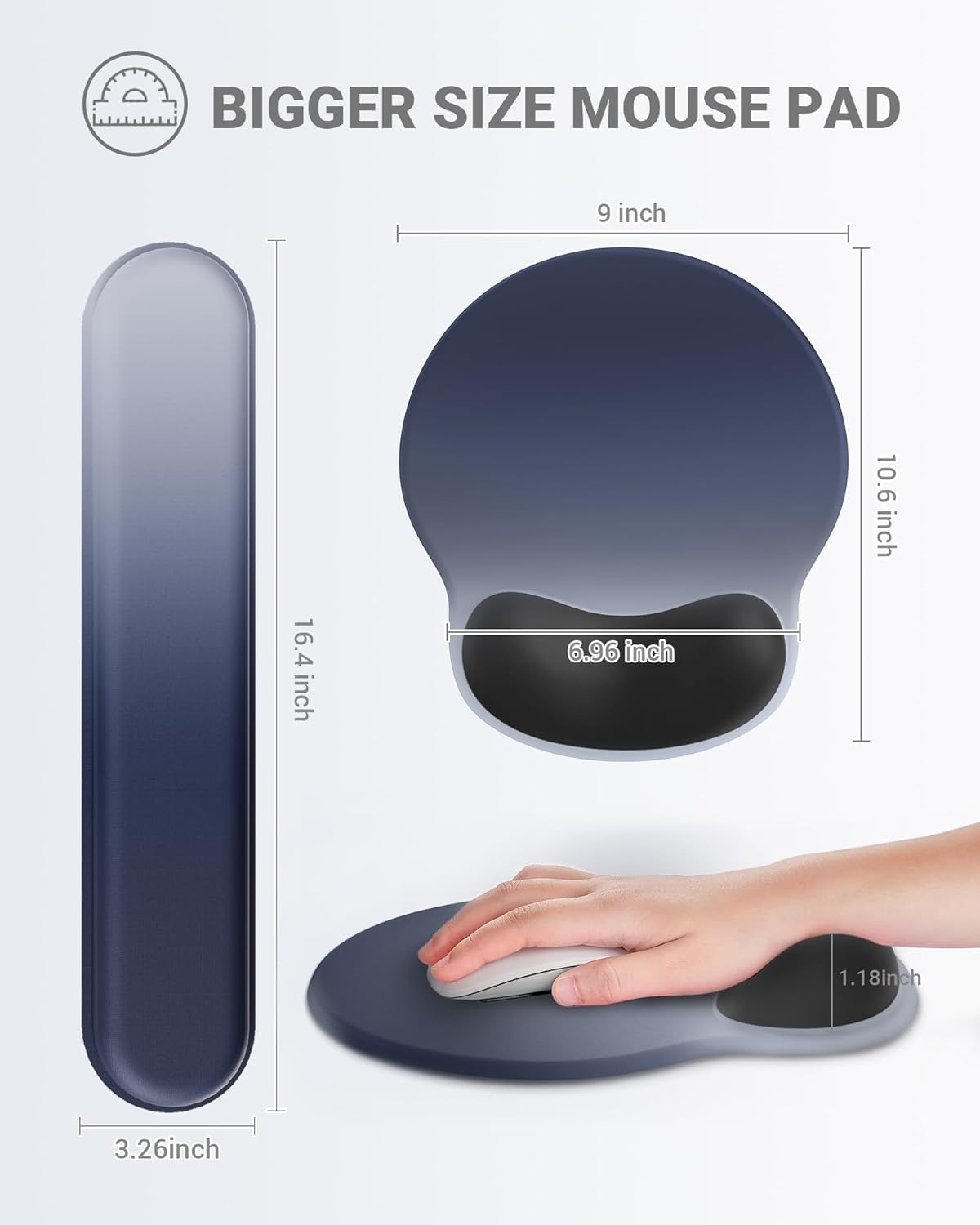 Ergonomic Mouse Pad Wrist Support Set, Memory Foam Keyboard Wrist Rest Set, Keyboard Pad, Non-Slip Base Mousepad(Gradient Blue Black Set)