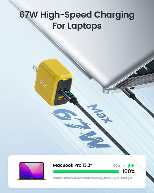 USB C Charger, AOHI 67W GaN+ PD Fast Charger Block for MacBook Pro/Air,iPad Pro,Galaxy S22/S21, iPhone 15 Pro Max/14 Plus/13/12 (Amber)