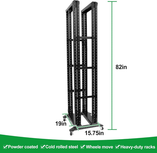 42U Server Rack/4-Post 19in Network Rack/Open Frame Rack with Wheels, Heavy-Duty Frame Cabinet/Adjustable Depth 15.75-13.75in GLOBALRACK,(4POST-600-42U)