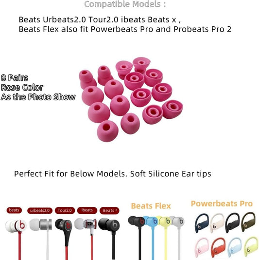 Replacement Ear Tips for Beats Urbeats2.0 Tour2.0 ibeats Beats x, Beats Flex Secure Fit for Powerbeats Pro Silicone Earbuds Washable Sweat-Resistant Noise Isolation 8 Pairs (Rose)