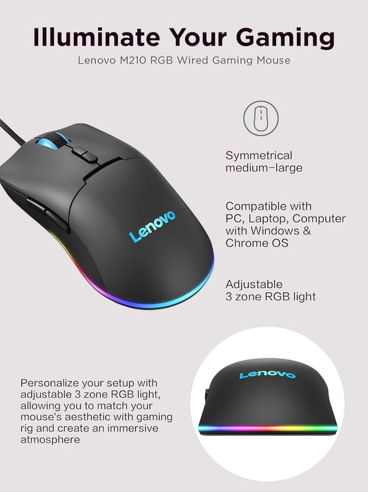 Lenovo M210 RGB Wired Gaming Mouse for PC, Laptop, Computer with Windows & Chrome OS - 3 Zone RGB, 8000 DPI Adjustable Sensor, 7 Programmable Buttons – Palm Grip Mouse for Gamers (Black)