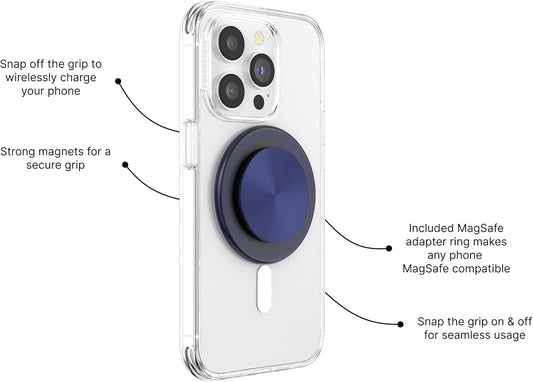 PopSockets Phone Grip for MagSafe with Kickstand, Magnetic Stand, Swappable Top, Secure Hold for iPhone MagSafe Cases, Phone & Tablet Grip - French Navy