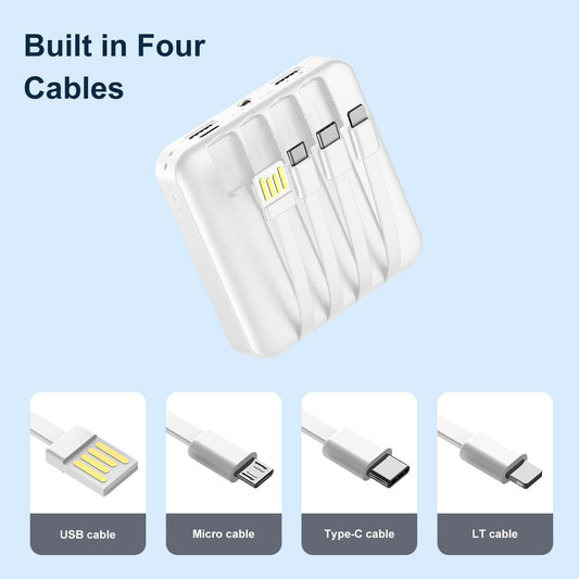 Solar Power Bank 12000mAh,Small Solar Charger Built in 4 Cables,USB C Input/Output,Dual Flashlight External Battery Portable Charger Power Bank for iPhone,Tablet,Samsung