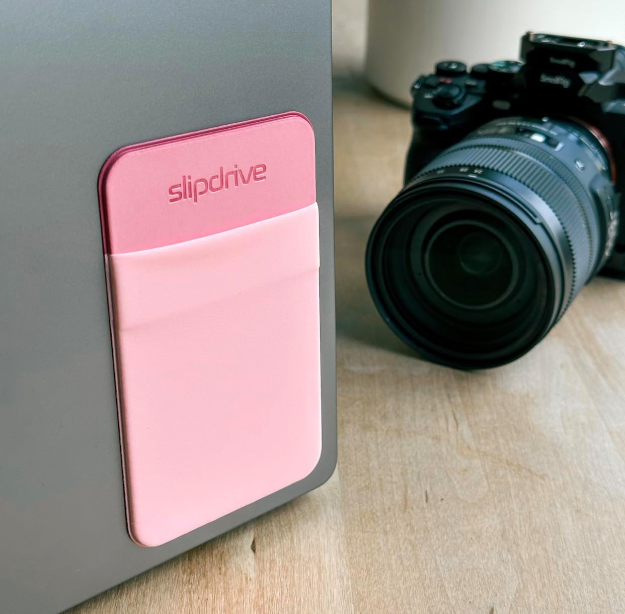 Slipdrive - Portable Hard Drive Sleeve for Laptop - SSD Solid State Drive - Reusable Adhesive - 5” x 3.2” Stick on External Hard Drive Carrying Case - Travel Pocket Pouch (Small, Pink)