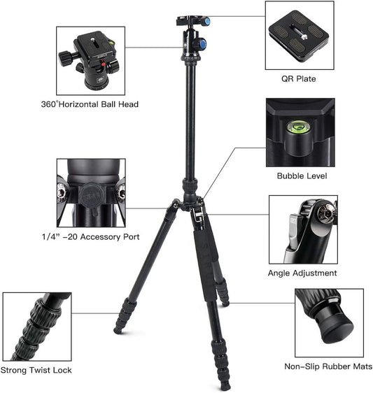 SIRUI Traveler 7A 65.55'' Aluminum Camera Tripod, E-10 Panorama Ball Head and Arca Swiss Quick Release Plate,Load Up to 17.6 lbs,Convertible to Monopod