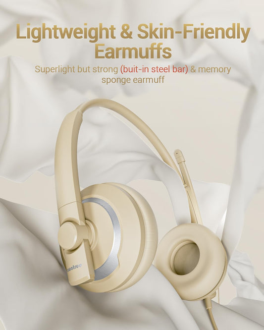 USB Headset with Microphone for PC Laptop - Headphones with Noise Cancelling Microphone for Computer,On-Ear Wired Office Call Center Headset for Boom Skype Webinars,Lightweight-Apricot