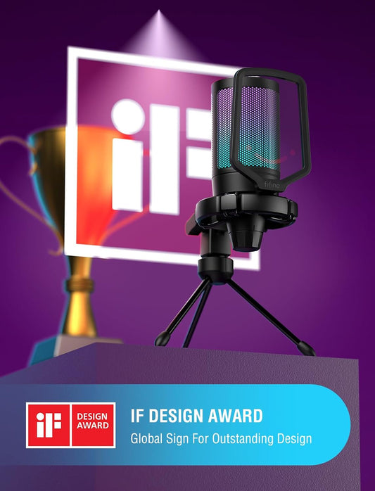 FIFINE Gaming USB Microphone for PC PS5, Condenser Mic with Quick Mute, RGB Indicator, Tripod Stand, Pop Filter, Shock Mount, Gain Control for Streaming Discord Twitch Podcasts Videos- AmpliGame