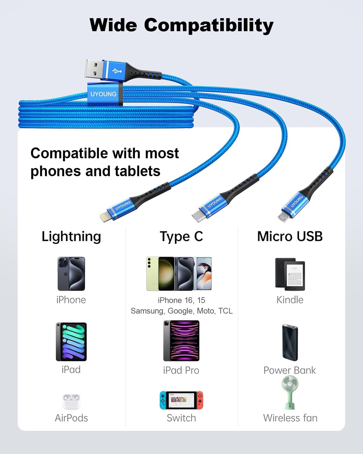 Short Multi Charging Cable 1FT 2Pack 3 in 1 Charger Cord Braided Universal Phone Cords with Lightning/Type C/Micro USB Connectors, Multiple USB Cable for iPhone/Samsung/Google Phones and More