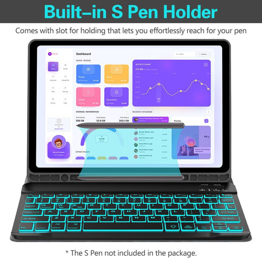 Galaxy Tab A9 Plus Case with Keyboard 5G 11 Inch 2023 (SM-X210/X216/X218), 7 Color Backlit Detachable Tablet Keyboard Cover with S Pen Holder for Samsung Galaxy Tab A9+ 11" (Black)