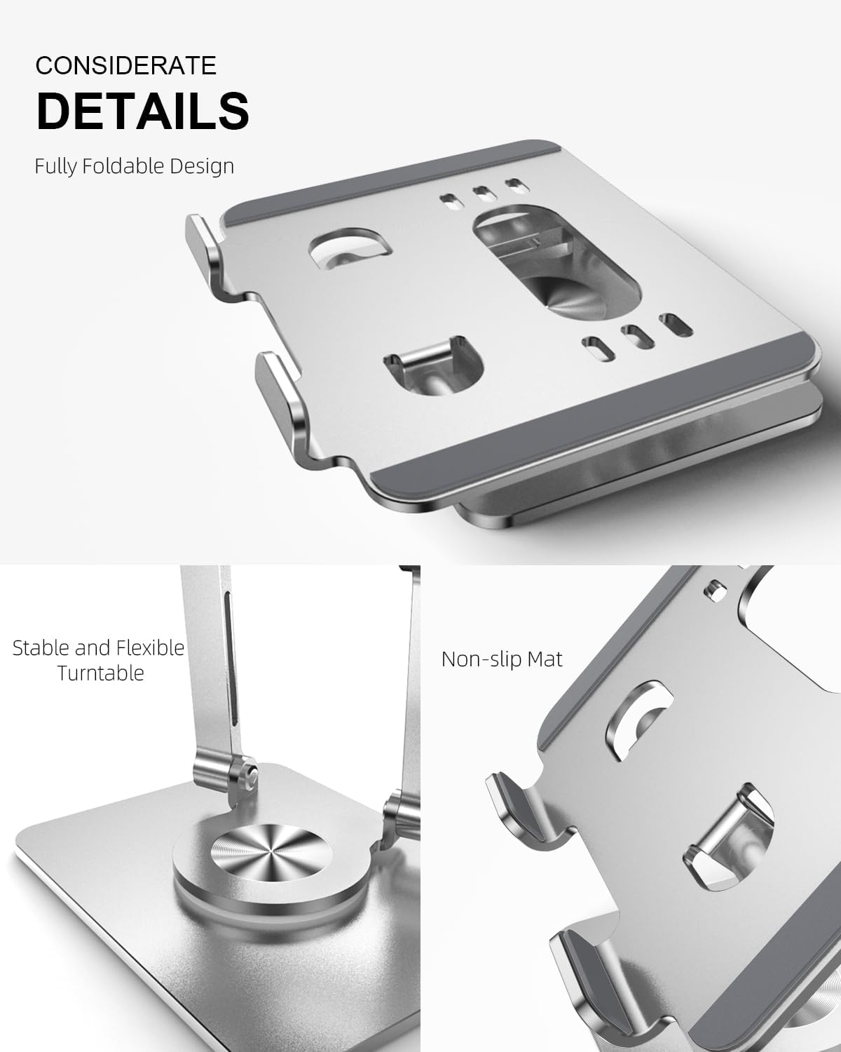 Tablet Stand Holder with Thickened 360°Rotating Base Dual Rod Adjustable Aluminum Stand for All 5.8-12.9” iPad Samsung Phone Tablet Kindle E-Reader and More, Silver