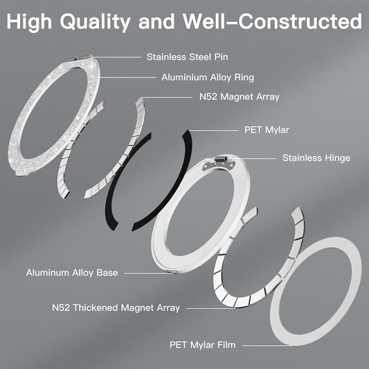 COOLQO Upgraded Magnetic Phone Ring Holder Stand, Super Magnet Cell Phone Grip Finger Kickstand Compatible with MagSafe Mag Safe Accessory for iPhone All Smartphones (1-Glitter Silver)