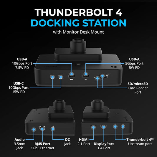 SABRENT Thunderbolt 4 Docking Station with Monitor Desk Mount, Gas-Lift Arm, 4 USB Ports, UHS-II Card Reader, Gigabit Ethernet, HDMI, DisplayPort, 8K/4K, VESA Mount for Monitors up to 32” (DS-T4WA)