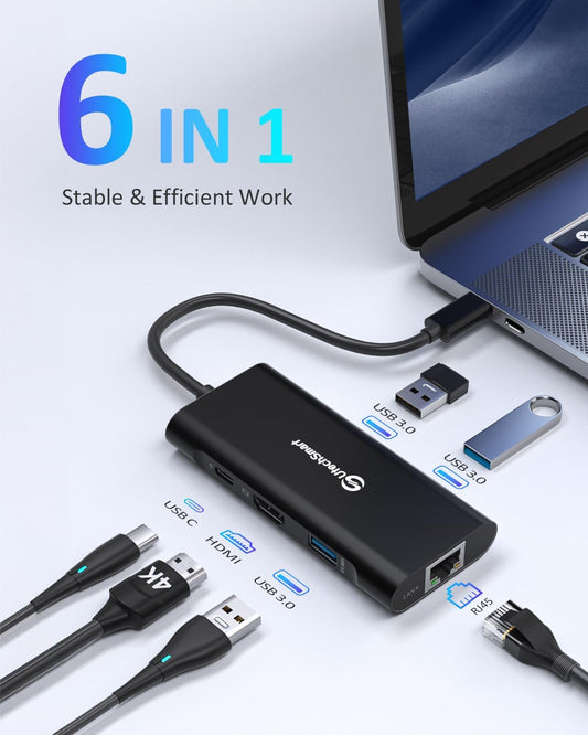 UtechSmart USB C Hub, Ethernet Multiport Adapter 6 in 1 USB C to HDMI Dock Compatible for MacBook Pro/Air, Chromebook, Dell XPS, HP and Type C Devices (Gigabit Ethernet 100W PD 4K HDMI USB 3.0) Black
