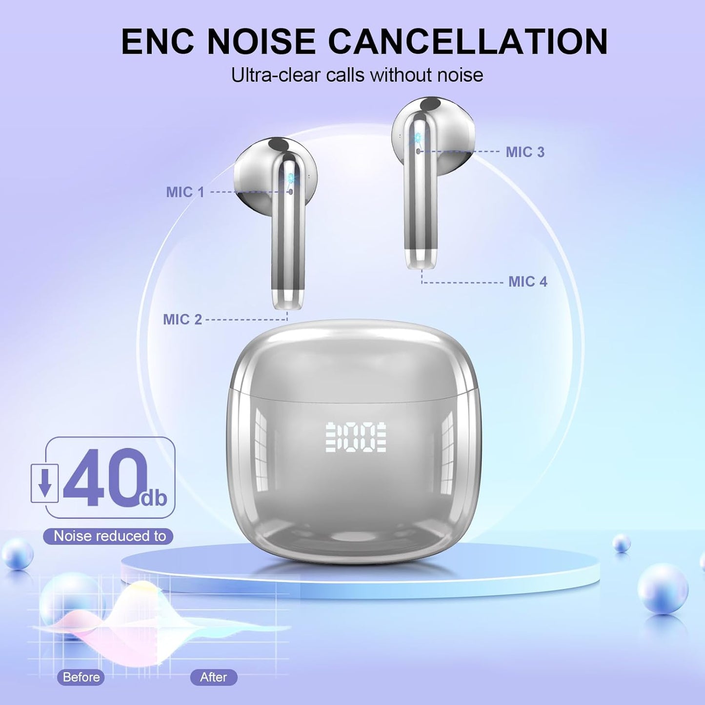 Wireless Earbuds, Bluetooth Headphones 48H Playtime Ear Buds with LED Power Display, IPX7 Waterproof Bluetooth 5.4 Earphones in-Ear Earbuds with 4 Mic for Android iOS Cell Phone Laptop, Silver