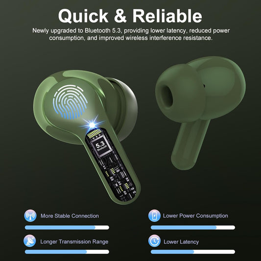 Wireless Earbuds, Bluetooth 5.4 Headphones HiFi Stereo, Bluetooth Earbuds with ENC Noise Cancelling Mic, IP7 Waterproof in Ear Earphones, 48H, LED Display Ear buds for Pad Workout Sports, Retro Green