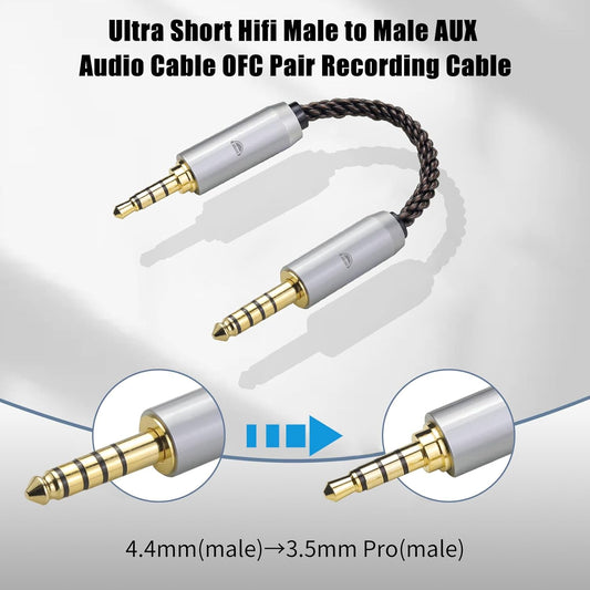 okcsc 4.4MM Male to 3.5MM Pro Male Ultra Short Hifil Male to Male AUX Audio Cable OFC Pair Recording Cable Wire-Breakage-Prevention Design Adoption of 8-Core Braided Structure 5.82 inch