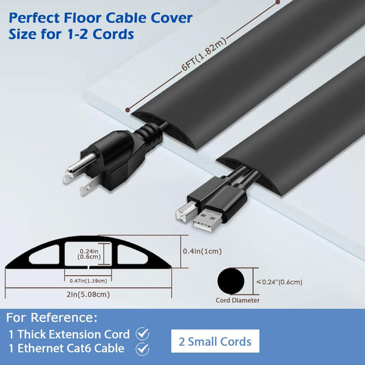6ft Floor Cord Cover,Cord Hider Floor Black,Extension Cable Cover Power Cord Protector Floor,Floor Cable Management Prevent Cable Trips,Cord Protector Cord Cavity:0.47" (W) x 0.24" (H)
