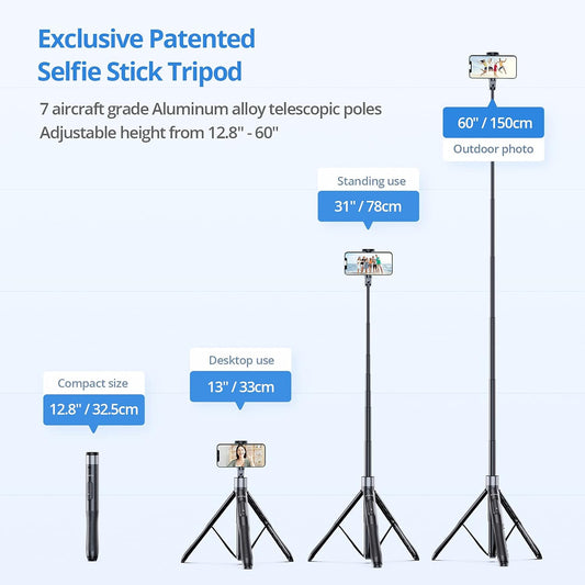 ATUMTEK 60" Selfie Stick Tripod, All in One Extendable Phone Tripod Stand with Bluetooth Remote 360Β° Rotation for iPhone and Android Phone Selfies, Video Recording, Vlogging, Live Streaming, Black