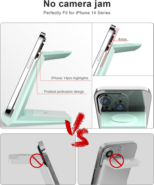 Wireless Charging Station for iPhone - ADADPU 3 in 1 Charger Stand for iPhone 16 15 14 13 12 11 Pro Max XR XS 8 Plus, Wireless Charging Dock for Apple Watch 9/8/7/SE/6/5/4/3/2, AirPods Pro/3/2 (Green)