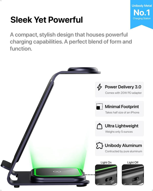 Intoval 3 in 1 Wireless Charging Station for iPhone 16 15 14 13 12 11 X Pro Max, Wireless Charger for Apple Watch 10 Ultra 3 SE 9 8 7 6 5 4 3 2, for AirPods 4 Pro Pro 2 3 (Y93, Purple)