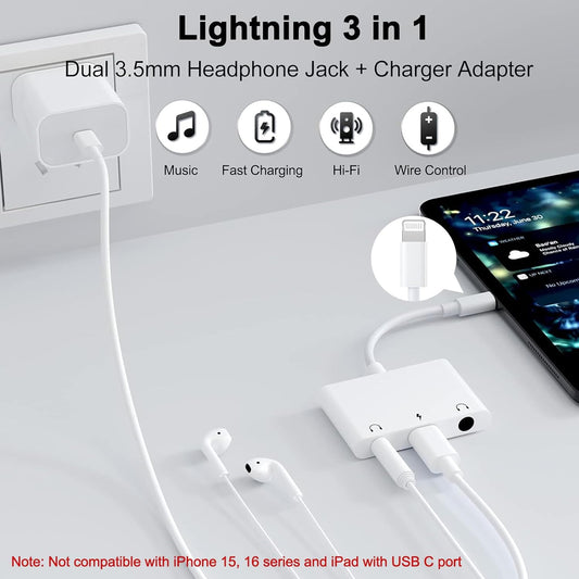 3 in 1 Dual 3.5mm Headphone Jack Adapter - Earphone Jack Audio and Charging Adapter - Headphone Splitter for iPhone 14/13/ 12/11/ X/ 8 - White
