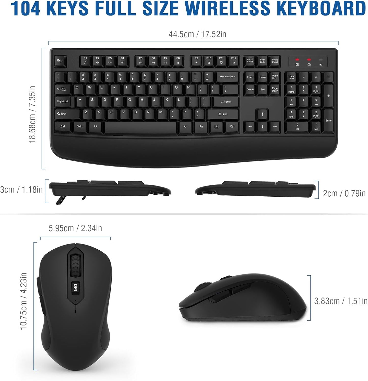 Wireless Keyboard and Mouse Combo, EDJO 2.4G Full-Sized Ergonomic Computer Keyboard with Wrist Rest and 3 Level DPI Adjustable Wireless Mouse for Windows, Mac OS Desktop/Laptop/PC
