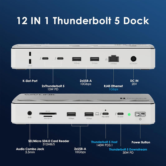 WAVLINK Thunderbolt 5 Docking Station, 12-in-1 Thunderbolt 5 Dock with 120Gbps Max Transfer, 140W PD, 2.5G Ethernet Port, 4X USB-A 3.2 Gen 2, SD 4.0, 8K Display for Thunderbolt 5/4 Laptops