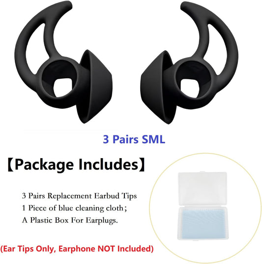Silicone Earbud Tips - 3 Pairs SML Soft & Comfortable Noise Isolation - Black Ear Tips - Compatible with Bose QuietComfort & Sport Earbuds