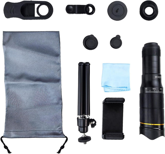 Phone Camera Lens Kit, 32X Long Focus Telephoto, Portable Clip-on HD Phone Zoom Telescope Lens, 0.63X Wide Angle Lens, 198° Fisheye Lens, with Universal Clip and Tripod, for Photo Videos