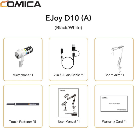 COMICA EJoy D10 A USB/XLR Dynamic Microphone with RGB Light &CalMix Denoise &Mute Button- Studio-Quality Cardioid Mic with Boom Arm Stand for Gaming, Streaming, Podcast,YouTube(PC/PS5/Xbox/Mac-White