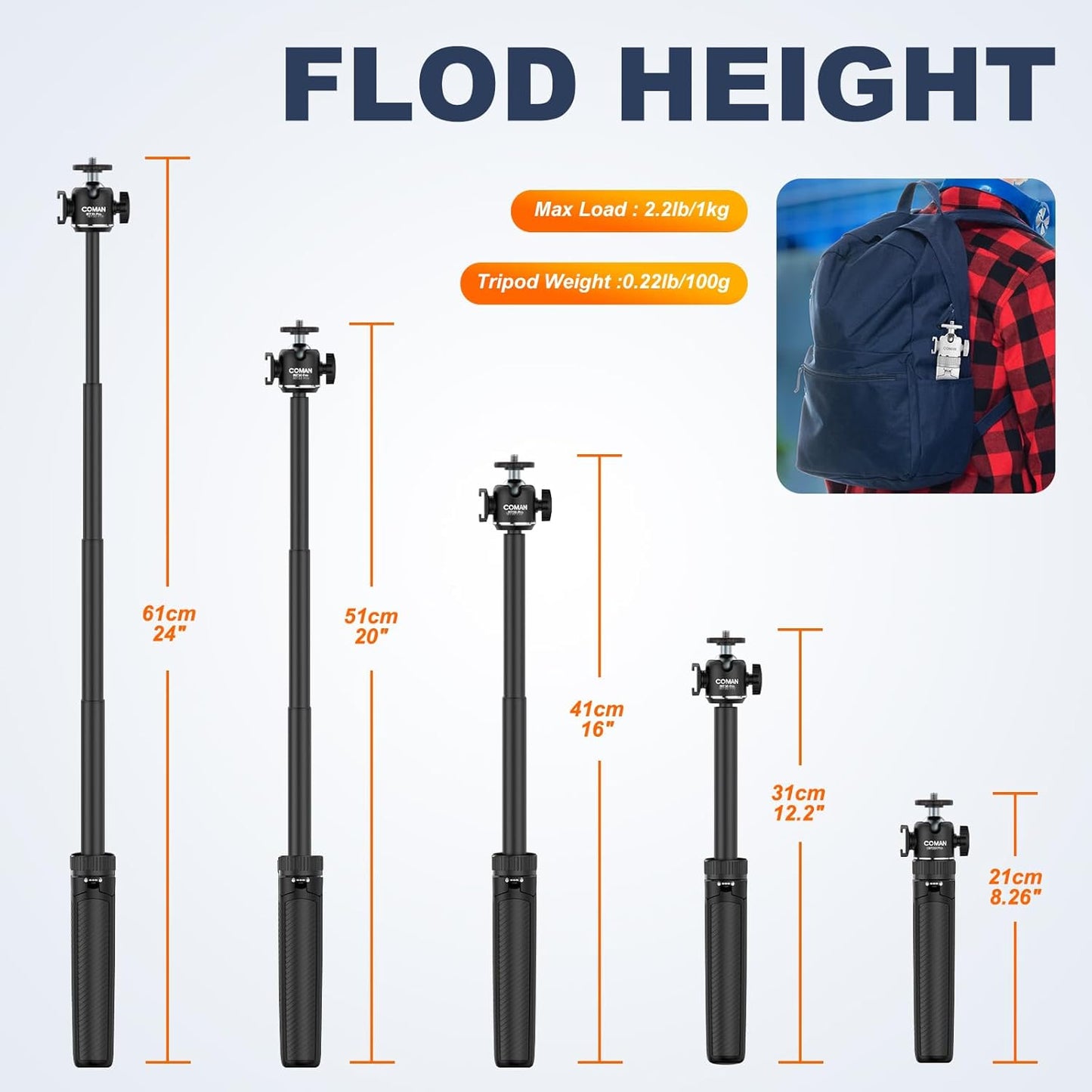 COMAN MT30-Pro Extendable Phone Tripod, 61cm Cell Phone Tripod Stand for iPhone with 360° Ball Head, Selfie Stick Vlog Stand with Remote, Tripod for iPhone 16/15/14/13/12 Pro Max/Android, Black