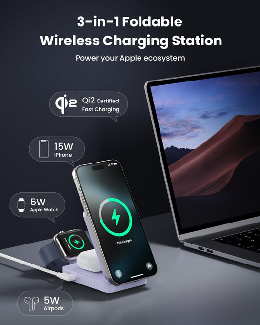 3-in-1 Wireless Charger Charging Station for iPhone, Qi2 Certified 15W Fast Charging Foldable Magnetic Charger Stand with 30W USB C Adapter for MagSafe iPhone 16/15/14/13/12, Apple Watch, AirPods