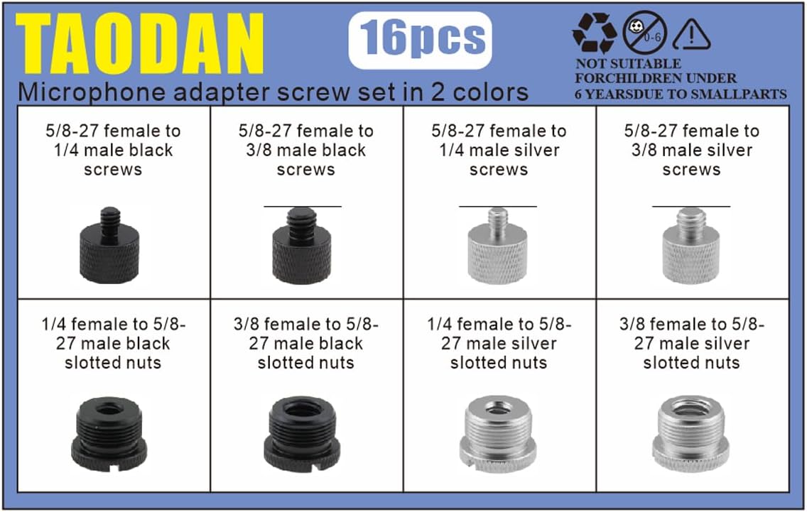 TAODAN 8PCS Black and Silver Aluminum Alloy Microphone Adapter Screws Set Tripod Adaptor Suitable for Shockproof Camera Mounts