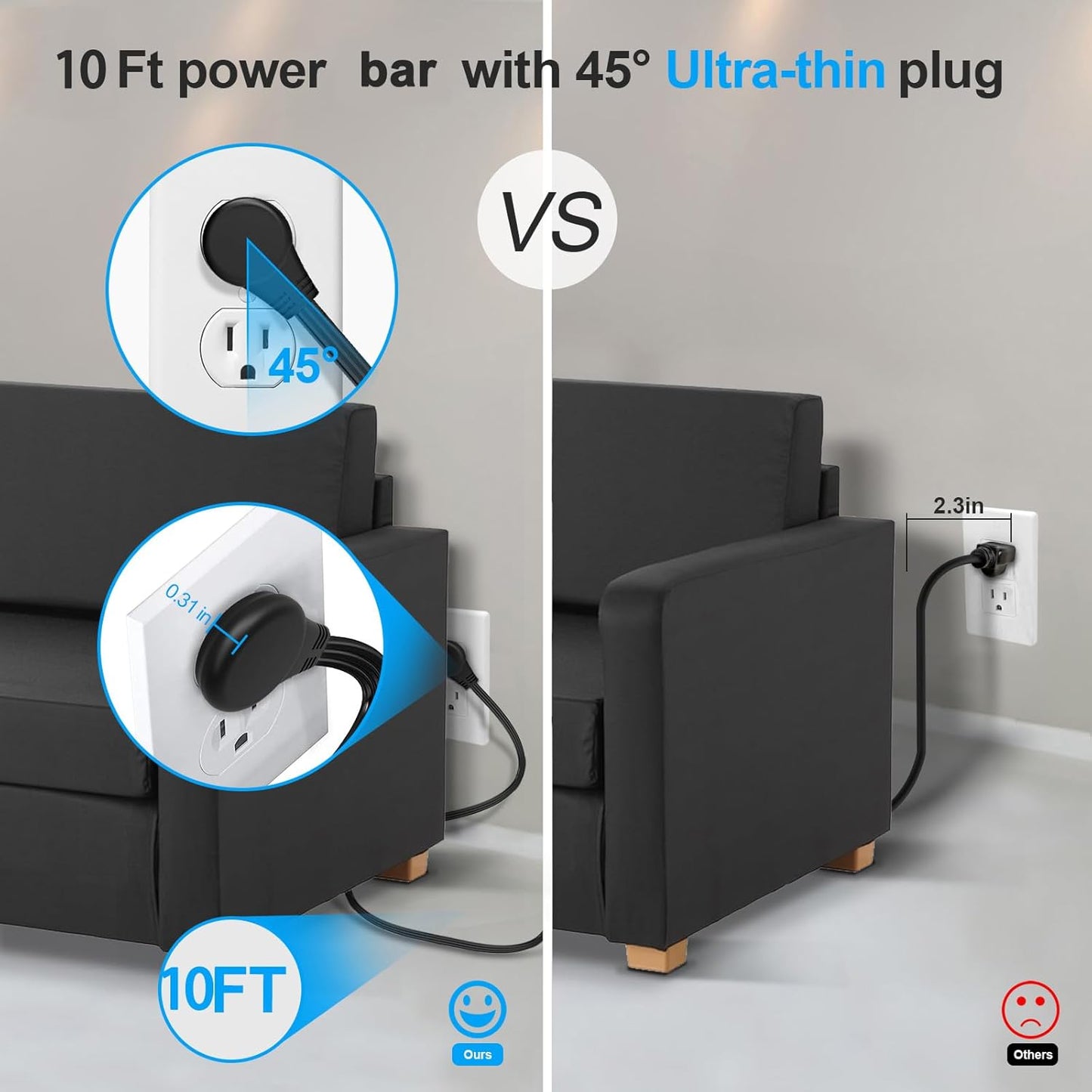 Ultra Flat Plug Surge Protector Power Strip 10 ft Cord,Long Power Strip with 4 Widely Outlets, Thin Extension Cord with 3 USB Ports(1 USB C Port),Slim Desk Charging Station,Black(2 Pack)