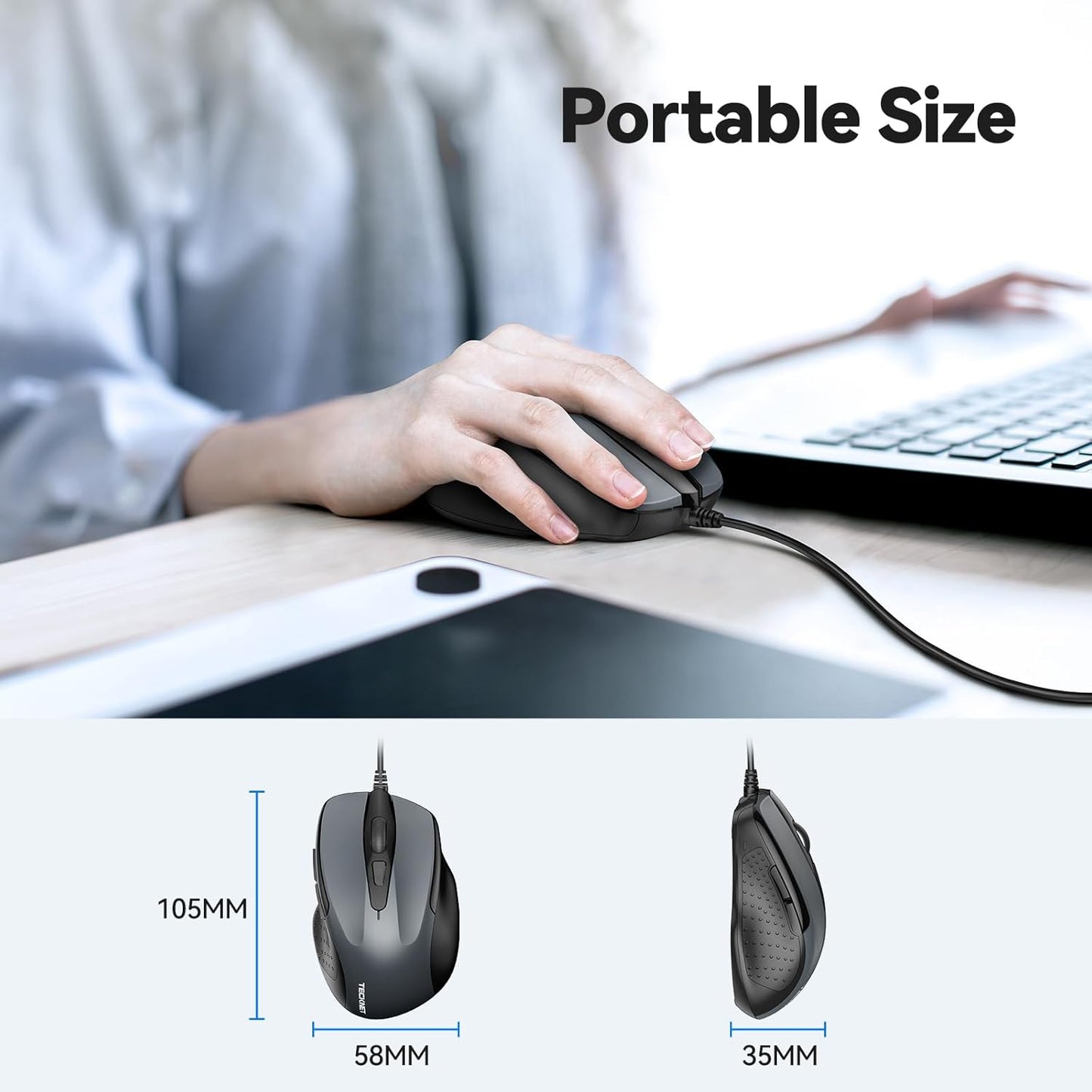 TECKNET USB Wired Mouse, 6-Button Corded Computer Mouse with 4 Adjustable DPI, Optical Computer Mice with Ergonomic Design and 5FT Cord for Laptop, Chromebook, PC, Desktop, Mac, Notebook-Gray