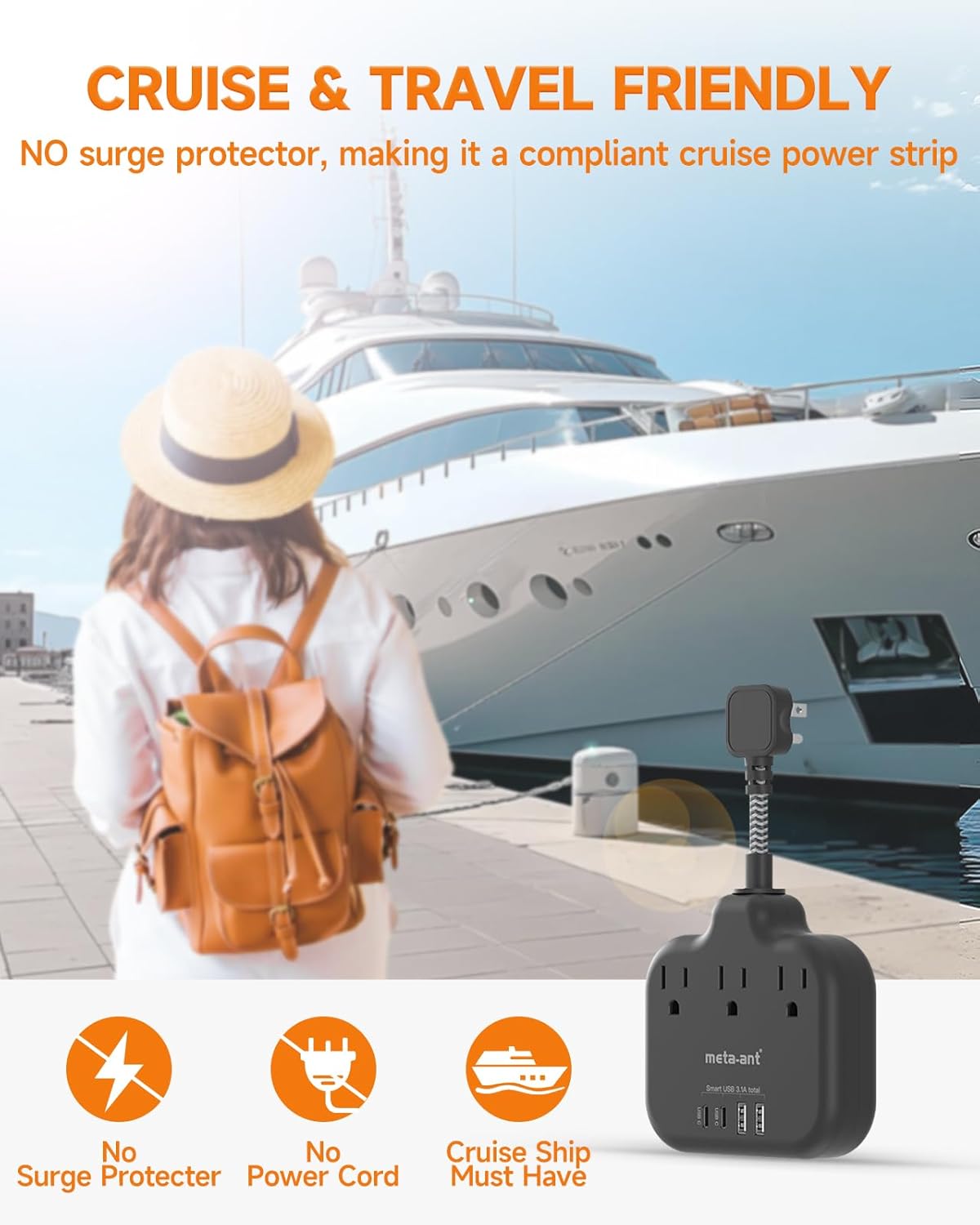 Short Extension Cord 2 inch, Short Cord Power Strip with 3 Outlets 4 USB(2 USB-C) 17W, Flat Outlet Extender, Non-Blocking, Non-Surge Protection for Cruise Travel Dorm Kitchen Bathroom, Black