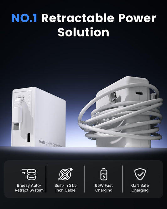 65W USB C Retractable Wall Charger with Built-in Type-C Cable, Portable Fast Charger Block with Foldable Plug, Compatible for Laptop, MacBook Pro/Air, iPhone 16/15, Galaxy S25, Pixel, iPad