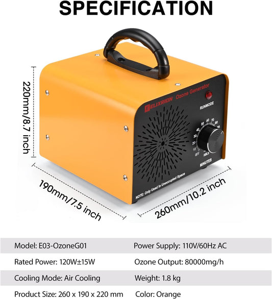 Ozone Generator – 80,000mg/h High-Capacity O3 Air Purifier for Odor Control Home, Kitchen, Car, Office, Basement, Pets, and Smoke – Covers Up to 6,000 Sq Ft