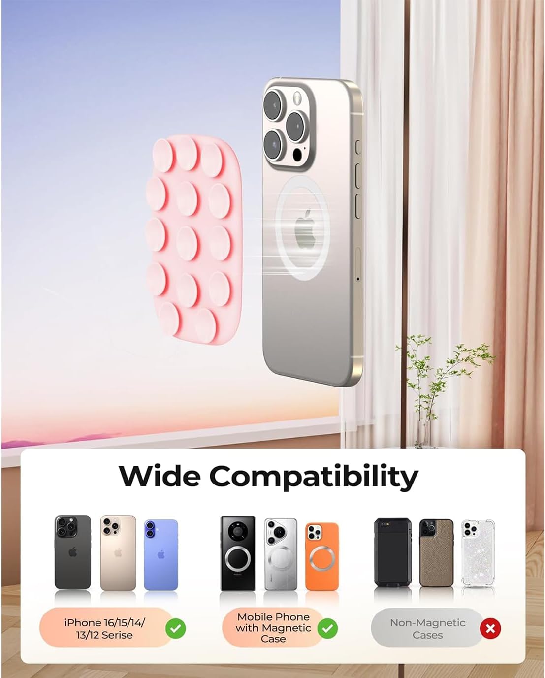 Magnetic Phone Suction Grip, Shower Phone Holder for MagSafe, Octo Phone Sticky Buddy Suction Grip for iPhone 16 15 14 13 12, Birthday Christmas for Women Pink