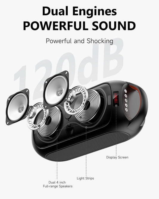 Portable Bluetooth Speakers with 120dB Loud Sound|Beat-Driven Light Show, 5 RGB Modes, Bluetooth 5.3, USB/TF/AUX/FM/Mic Input/TWS | Portable for Party, Camping, Tailgating, Backyard, Indoor Gatherings