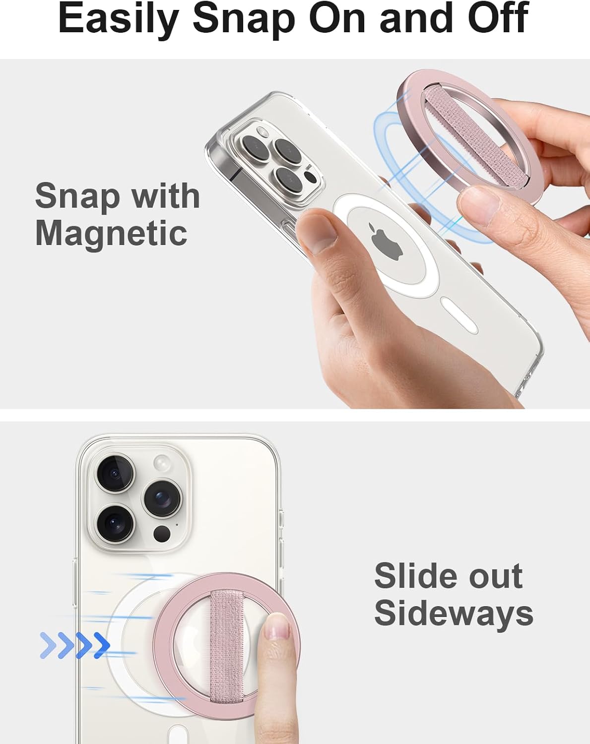 EWA MagOne Solo Phone Grip with Replaceable Elastic Finger Loop, Removable Magnetic Ring Holder Loop, Accessories for iPhone 16,15, 14, 13 Pro/Max/Plus, No Stand-Rosegolden