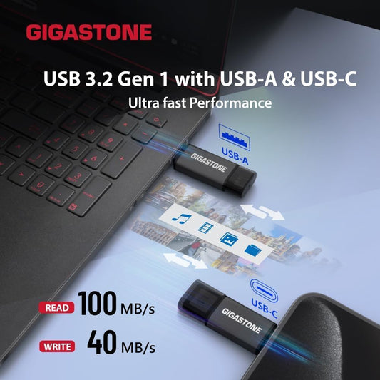 GIGASTONE 128GB Dual Flash Drive (5 Pack) Z40 USB 3.2 Gen 1, 2-in-1 Type-A & Type-C, 100MB/s Ultra Fast, Head Cap Design, Plug & Play for Smartphone/PC/Mac/TV/Car Audio, USB 2.0/3.0/3.1 Compatible