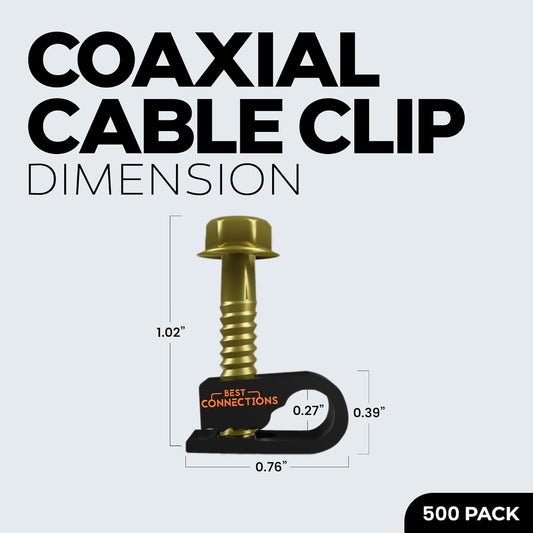Best Connections Coaxial Cable Clips with Pre-Inserted Screw 1/4" inch (500 Pack) – Black Single Mounting Clamps for Coax (RG6, RG59) and Ethernet Cables – Cord Fasteners/Strain Relief Clip
