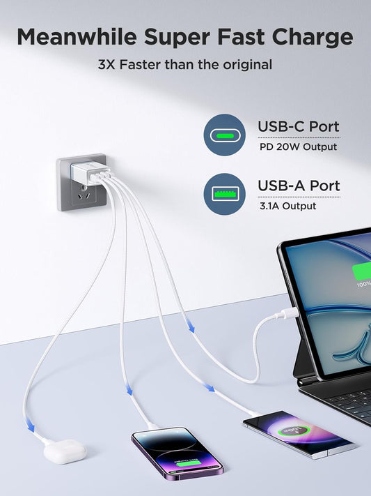 2 Pack USB C Wall Charger, 40W 4-Port USB C Fast Charger Block Dual Port QC+PD 3.0 Power Adapter, Multiport Type C Brick Charger with Lightning Cable for iPhone 14 13 12 11 Pro Max XS XR X 8 7 6 Plus