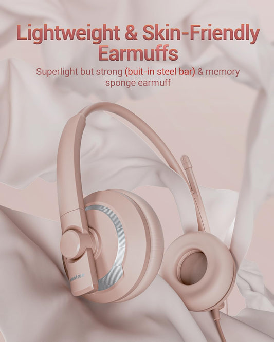 Computer USB Headset with Microphone for PC Laptop - WiredHeadphones with in-Line Control, Lightweight, Enhanced Sound & MIC Mute(Pink)