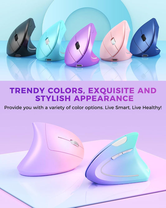 Lekvey Ergonomic Mouse, Wireless Vertical Mouse Rechargeable 2.4 GHz Optical Carpal Tunnel Mice : 800/1200 / 1600 DPI, 6 Buttons, for Laptop, PC, Computer, Desktop, Notebook etc, Purple