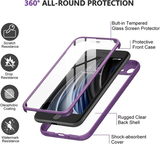 Miracase for iPhone SE Phone Case 3rd/2nd Generation 2022 2020 Full-Body with Built-in Glass Screen Protector, Heavy Duty 360° Protective Shockproof Bumper Cover for iPhone 8/SE, Purple