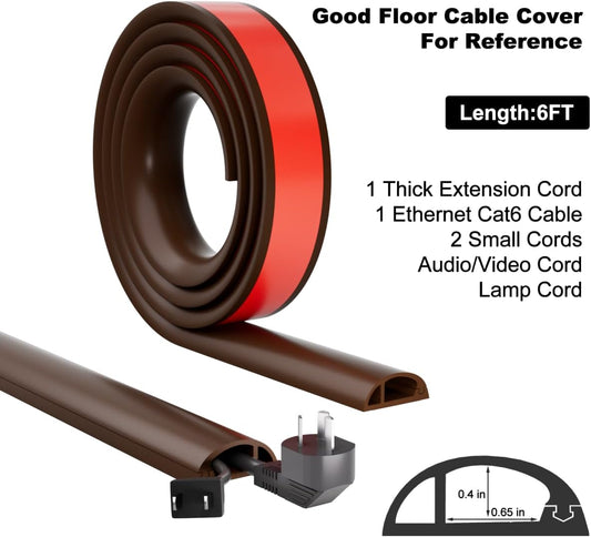 6FT Side-Open Extension Cord Covers for Wires on Floor,Silicone Power Cable Protector Cord Hider Management Strip,Hide Electric Wire on Carpet,Chord Runner Protective Safety Wiremold,Brown